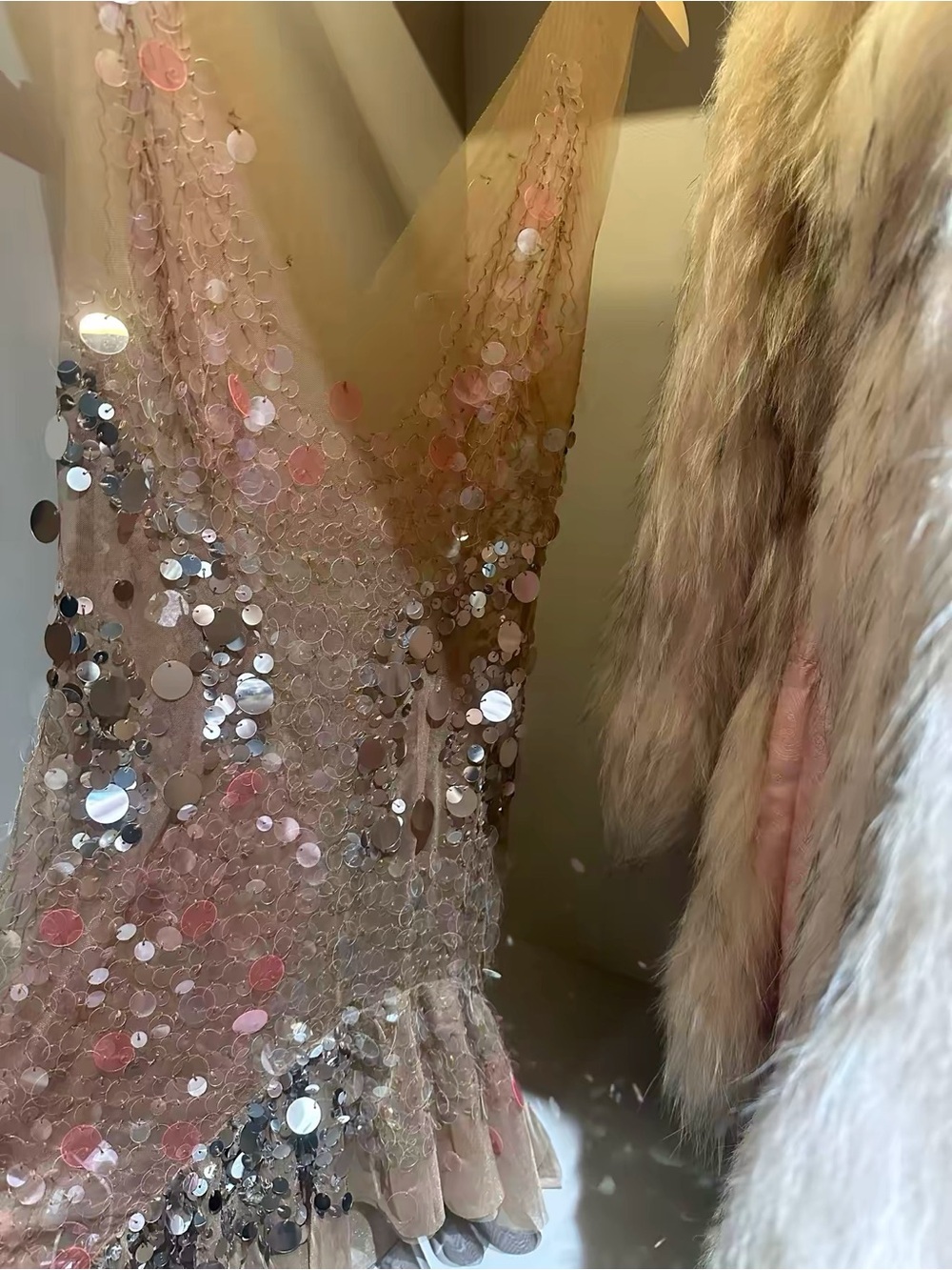 Vintage Sequin Mesh Sheer Slip Dress in Nude with Iridescent Discs - Picture 4 of 6